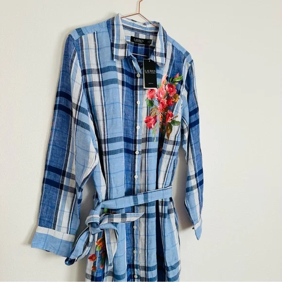 New Ralph Lauren Floral & Plaid Lightweight Linen Button Down Shirtdress Midi - Picture 5 of 15